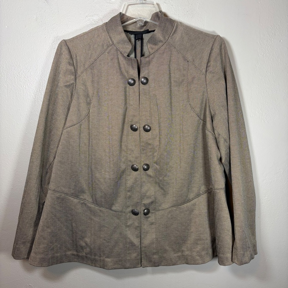 Herringbone Military Blazer Jacket Mandarin Collar Peplum Tan Black 22.6oz
